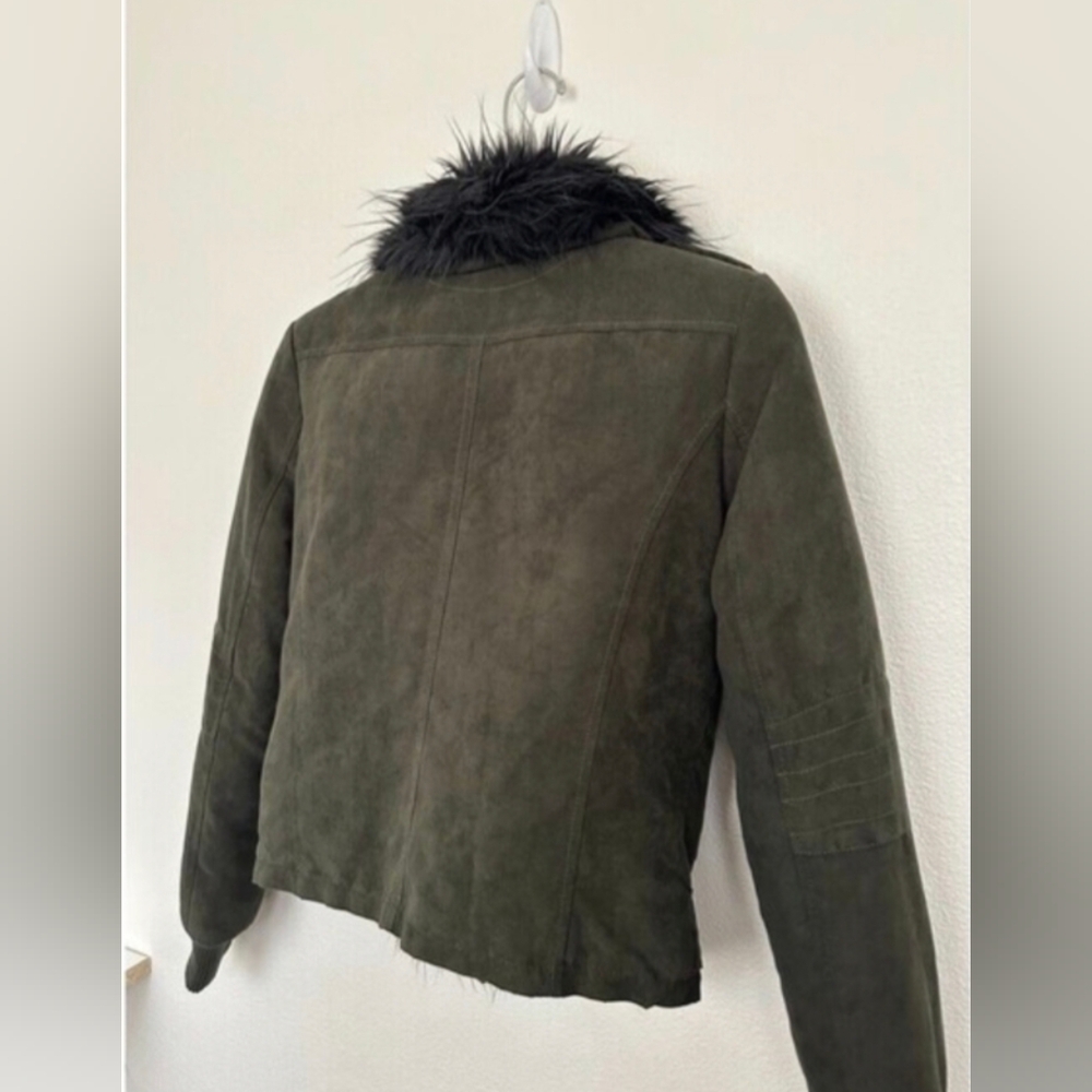 UNIF Berlin Fur Trim Amelia Bomber Jacket Suede Green Zip Orange Lined XS - Picture 8 of 8